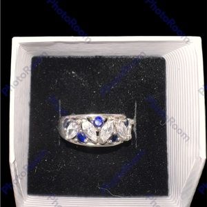 Vintage SAPPHIRE AND CRYSTAL 925 STERLING SILVER RING IN BOX